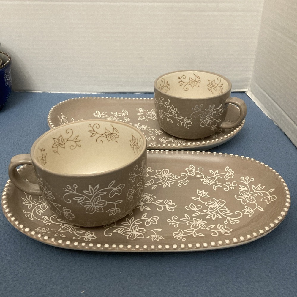 Temp-tations by Tara Floral Lace Taupe Soup Mug & Sandwich Set - Lot of 2